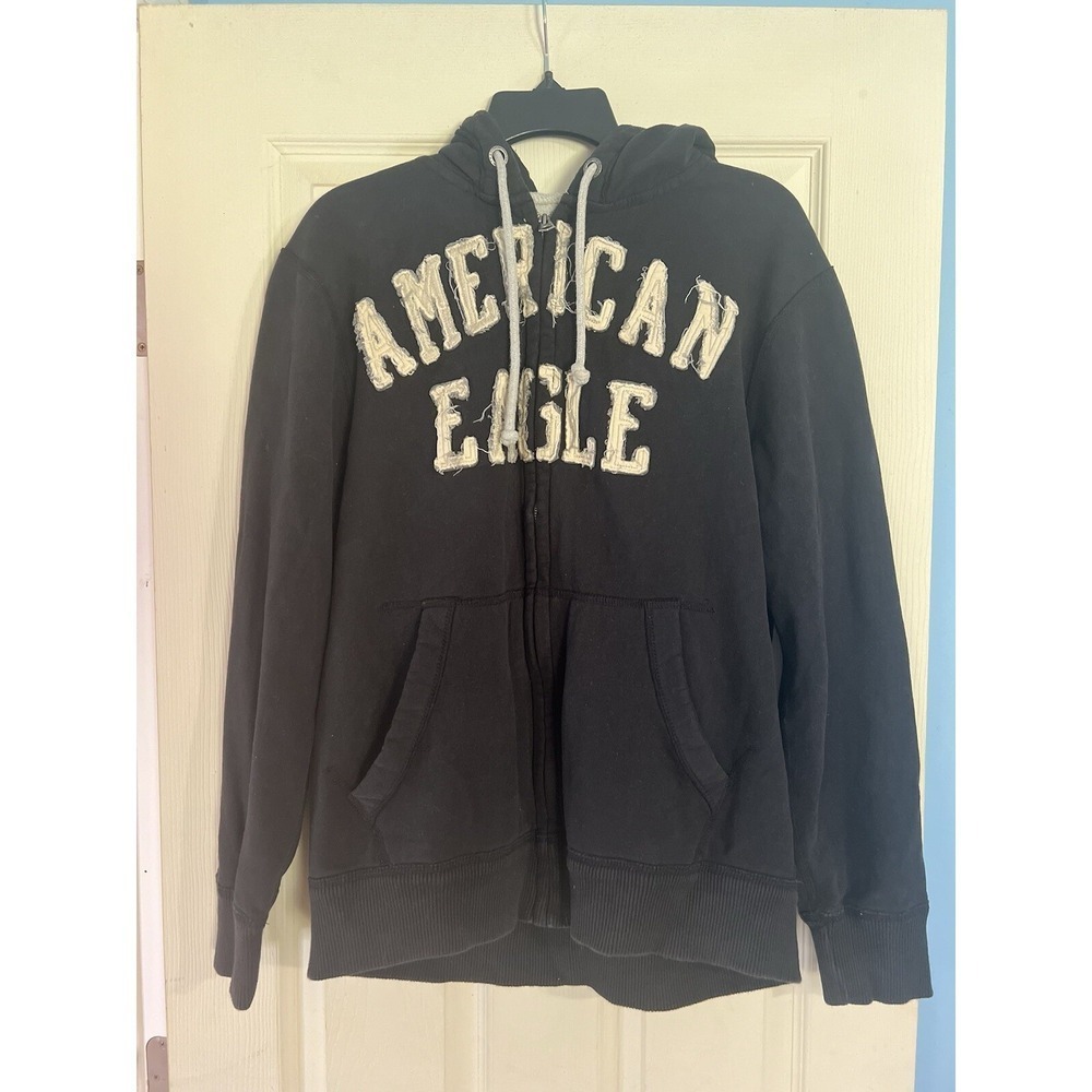 American Eagle Vintage Full‎ Zip Hoodie L Black Distressed Grunge Y2K Casual